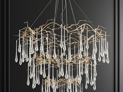 Elegant Crystal Chandelier with Golden Branch Frame and Hanging Crystal Pendants on Dark Wall 3d model