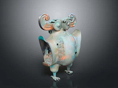 Sculpture Carving Of Ancient Bronze Mythical Bird With Curled Horns And Intricate Patterns 3d model