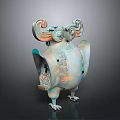 Sculpture Carving Of Ancient Bronze Mythical Bird With Curled Horns And Intricate Patterns