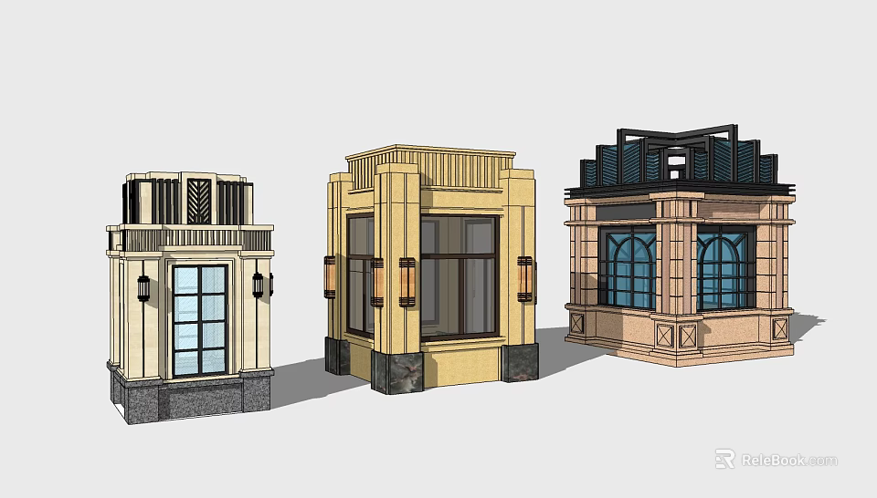 Three Different Security Booth Designs With Glass Windows Decorative Columns And Roof Styles 3d model 