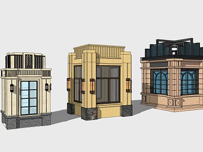 Three Different Security Booth Designs With Glass Windows Decorative Columns And Roof Styles 3d model