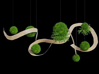 Hanging Indoor Landscape With Curved Light Colored Strips And Round Green Plants 3d model