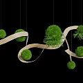 Hanging Indoor Landscape With Curved Light Colored Strips And Round Green Plants