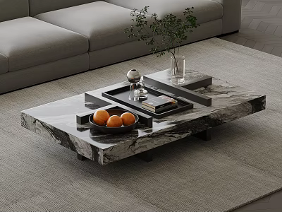 Modern Marble Coffee Table with Oranges Books Vase and Plants on Living Room Rug 3d model