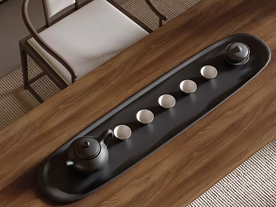 Tea Set With Black Long Tea Tray Teapot And Four Teacups On Wooden Table 3d model