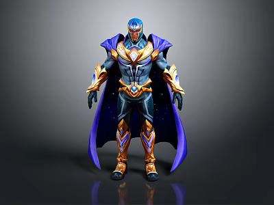 Mythical Warrior In Blue And Gold Armor With Purple Cloak And Shiny Accents 3d model