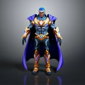 Mythical Warrior In Blue And Gold Armor With Purple Cloak And Shiny Accents