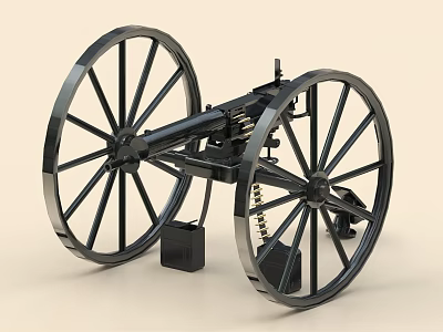 3D Model Of Old Fashioned Cannon With Black Metal Structure And Large Wheels 3d model