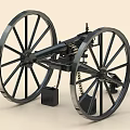 3D Model Of Old Fashioned Cannon With Black Metal Structure And Large Wheels