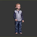 Cute Little Boy Standing Barefoot In Gray And Blue Long Sleeve Shirt And Jeans