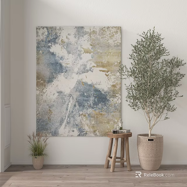 Modern Interior With Square Rug Abstract Blue White Yellow Pattern And Olive Tree 3d model