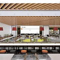 Modern Restaurant Interior With Wooden Ceiling Red Pendant Lights Yellow Floor Area And Green Plants