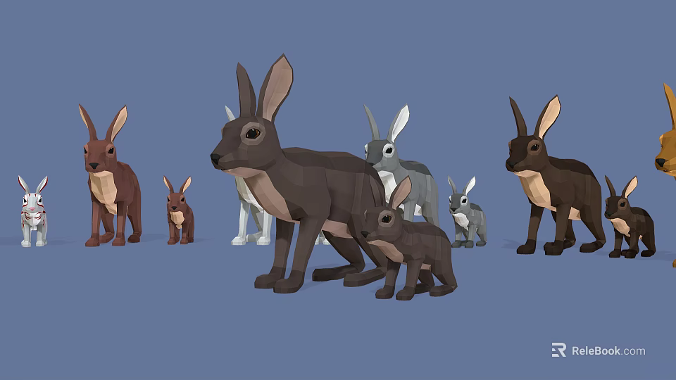 Cute Rabbits in Various Colors and Different Sizes Standing Together in Group 3d model 