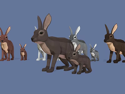 Cute Rabbits in Various Colors and Different Sizes Standing Together in Group 3d model