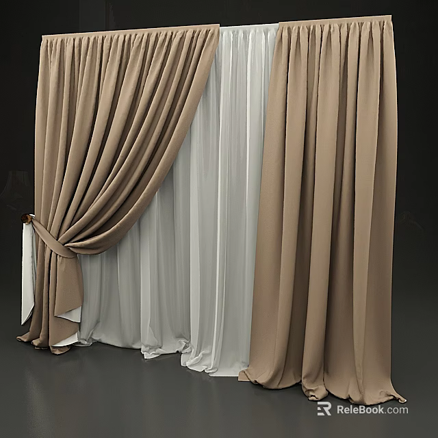 Elegant Brown Double Layer Curtains With White Sheer And Tied Sash 3d model