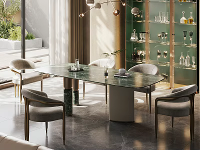 Modern Dining Table Set with Glass Top Metal Legs and Grey Upholstered Chairs 3d model