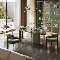 Modern Dining Table Set with Glass Top Metal Legs and Grey Upholstered Chairs