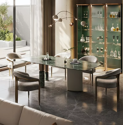 Modern Dining Table Set with Glass Top Metal Legs and Grey Upholstered Chairs 3d model