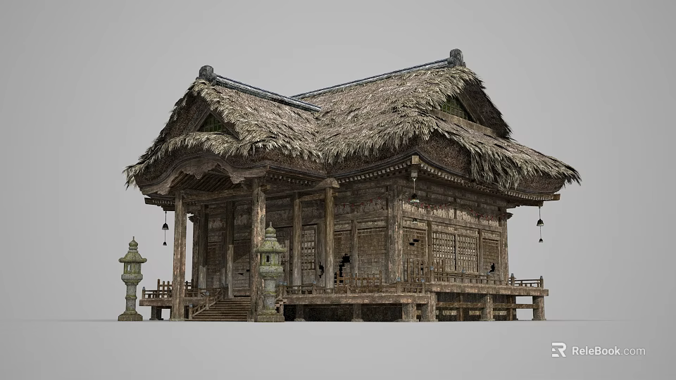 Ancient Traditional Building With Thatched Roof And Wooden Structure Stone Lanterns Wooden Steps And Railings 3d model 