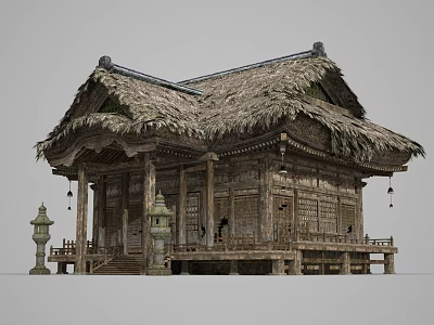 Ancient Traditional Building With Thatched Roof And Wooden Structure Stone Lanterns Wooden Steps And Railings 3d model