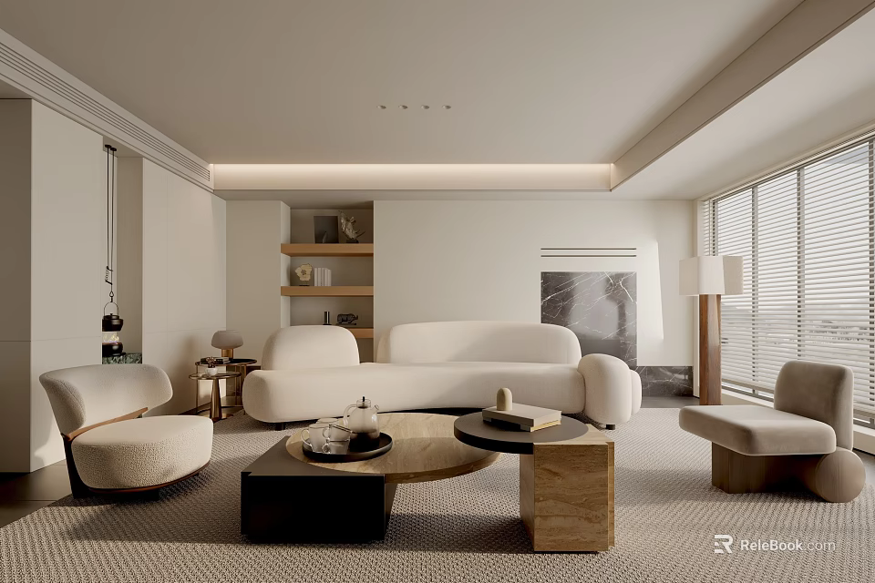 Minimalist Living Room Interior With Beige Sofa Round Coffee Table And Floor to Ceiling Windows 3d model 