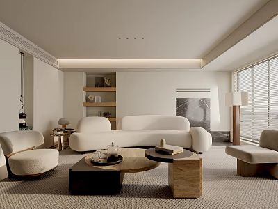 Minimalist Living Room Interior With Beige Sofa Round Coffee Table And Floor to Ceiling Windows 3d model