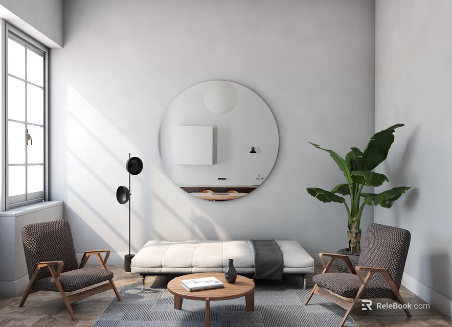 Modern Minimalist Interior With Sofa Coffee Table Set Two Chairs Large Mirror And Floor Lamp 3d model 