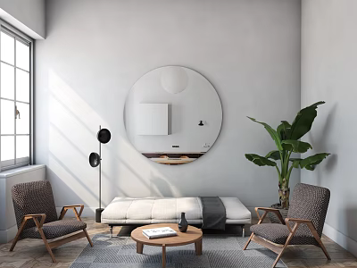 Modern Minimalist Interior With Sofa Coffee Table Set Two Chairs Large Mirror And Floor Lamp 3d model
