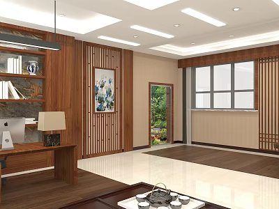 Chinese Style Office Interior With Wooden Bookshelf Desk Table Lamp Decorative Painting And Windows 3d model