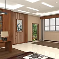 Chinese Style Office Interior With Wooden Bookshelf Desk Table Lamp Decorative Painting And Windows