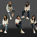 Group of Women in Casual Poses Wearing White Tops Jeans White Sneakers on Dark Background