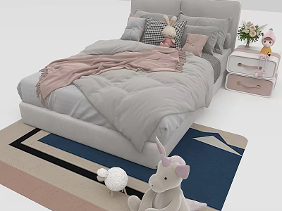 Cute Gray Kids Bed With Pink Blanket Rabbit Plush Unicorn And Sheep Toys On Rug 3d model