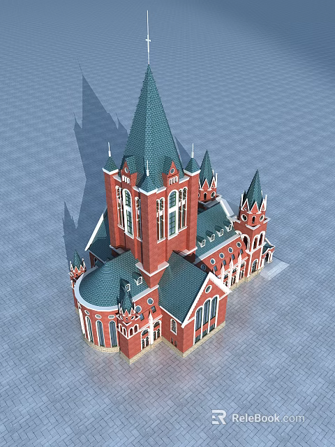 Religious Church Architecture Featuring Red Brick Walls Green Spires And Arched Windows 3d model 
