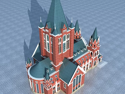 Religious Church Architecture Featuring Red Brick Walls Green Spires And Arched Windows 3d model