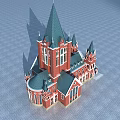 Religious Church Architecture Featuring Red Brick Walls Green Spires And Arched Windows