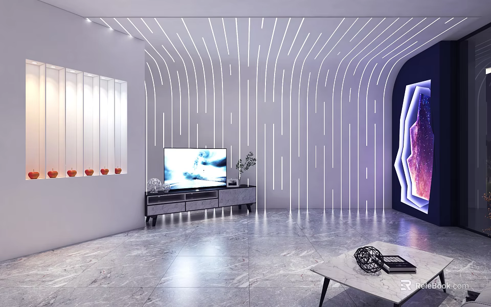 Modern Living Room Interior Design With Curved Walls White Lines TV And Coffee Table 3d model 