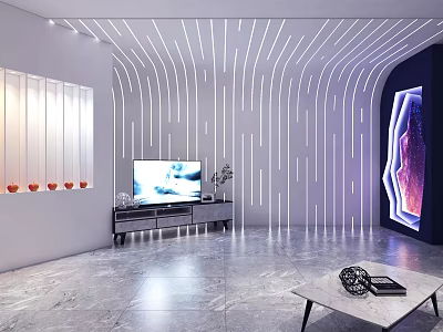 Modern Living Room Interior Design With Curved Walls White Lines TV And Coffee Table 3d model