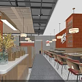 Modern Mall Restaurant Interior With Orange Walls Wooden Counter Hanging Lights Tables And Chairs