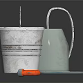 Metal Buckets And Coiled Hose With Red Nozzle On Black Surface