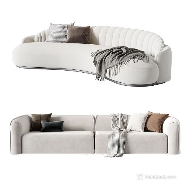 Modern Beige Sectional Sofa Set With Curved Design Pillows And Plaid Throw Blanket 3d model 