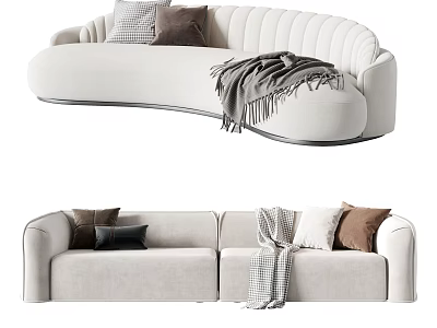 Modern Beige Sectional Sofa Set With Curved Design Pillows And Plaid Throw Blanket 3d model