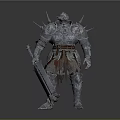 Fantasy Greatsword Weapon Held By Armored Character With Spiked Metallic Armor