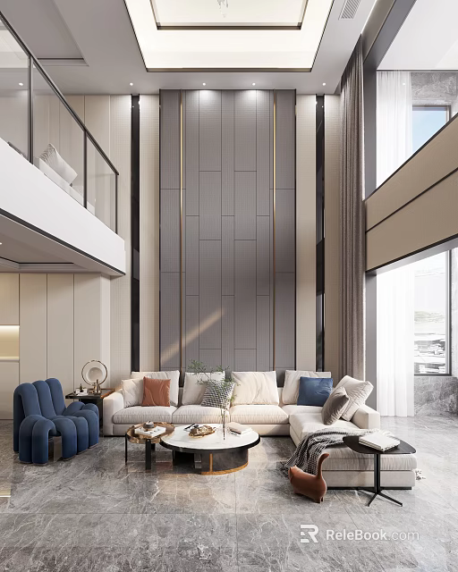 Modern Loft Living Room With Sofa Round Coffee Tables And Tall Windows 3d model 