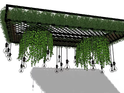 Grid Ceiling With Green Plants And Pendant Lights 3d model