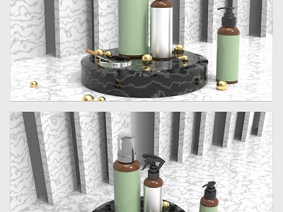 Perfume Cosmetics Bottles Display With Green Brown Silver Tones And Gold Decorative Balls 3d model