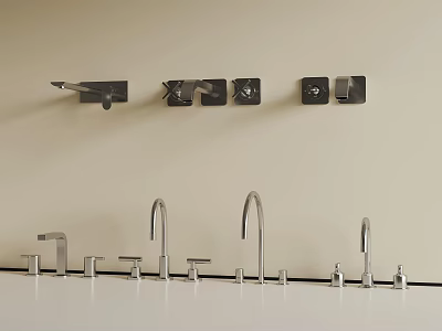 Various Modern Kitchen Faucet Designs On White Countertop With Wall Mounted Parts 3d model