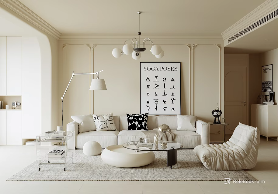 Modern Elegant Living Room Interior With White Sofa Decorative Pillows And Black Typography Wall Art 3d model 