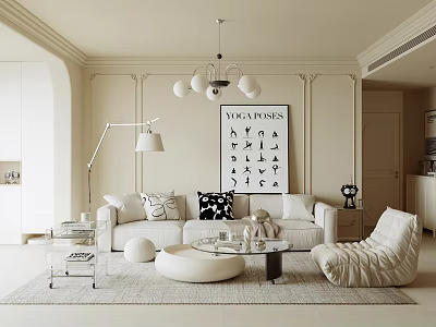 Modern Elegant Living Room Interior With White Sofa Decorative Pillows And Black Typography Wall Art 3d model