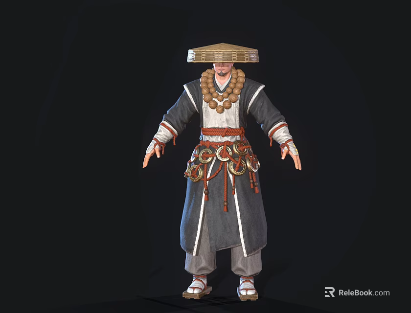 Game Movie Character In Traditional Robe With Bamboo Hat And Ornate Belt 3d model 
