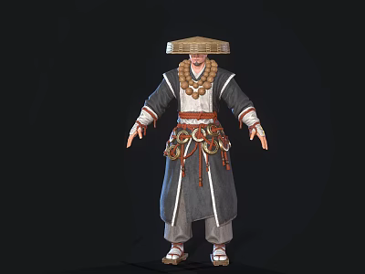 Game Movie Character In Traditional Robe With Bamboo Hat And Ornate Belt 3d model